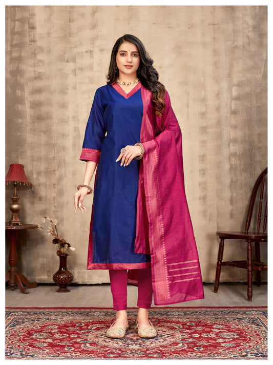 Navy & Zari border Ethnic Cotton Kurta with dupatta