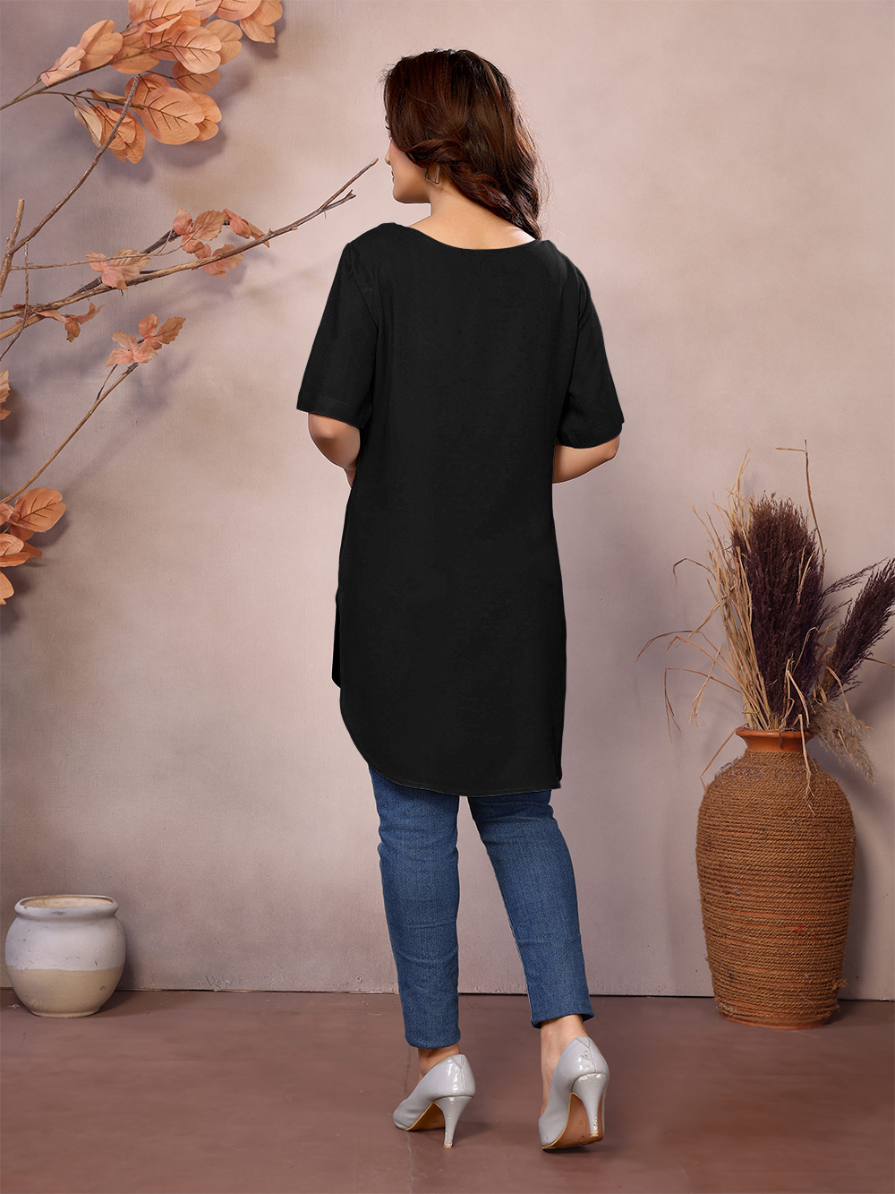 Black Boat Neck Short Sleeve Kurti Top – 100% Pure Viscose