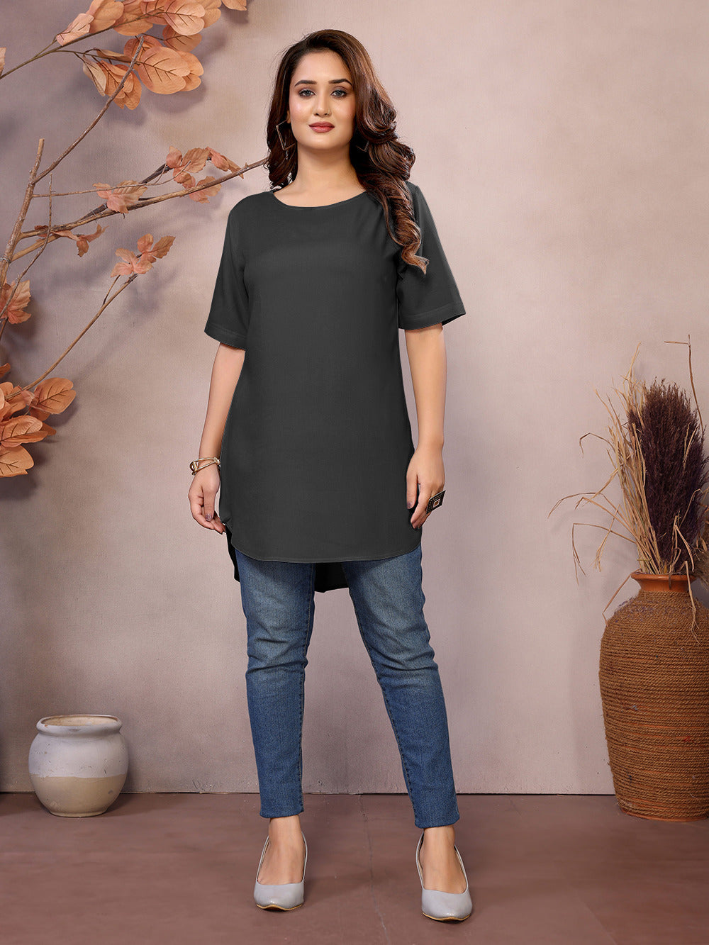 Dark Grey Boat Neck Short Sleeve Kurti Top – 100% Pure Viscose