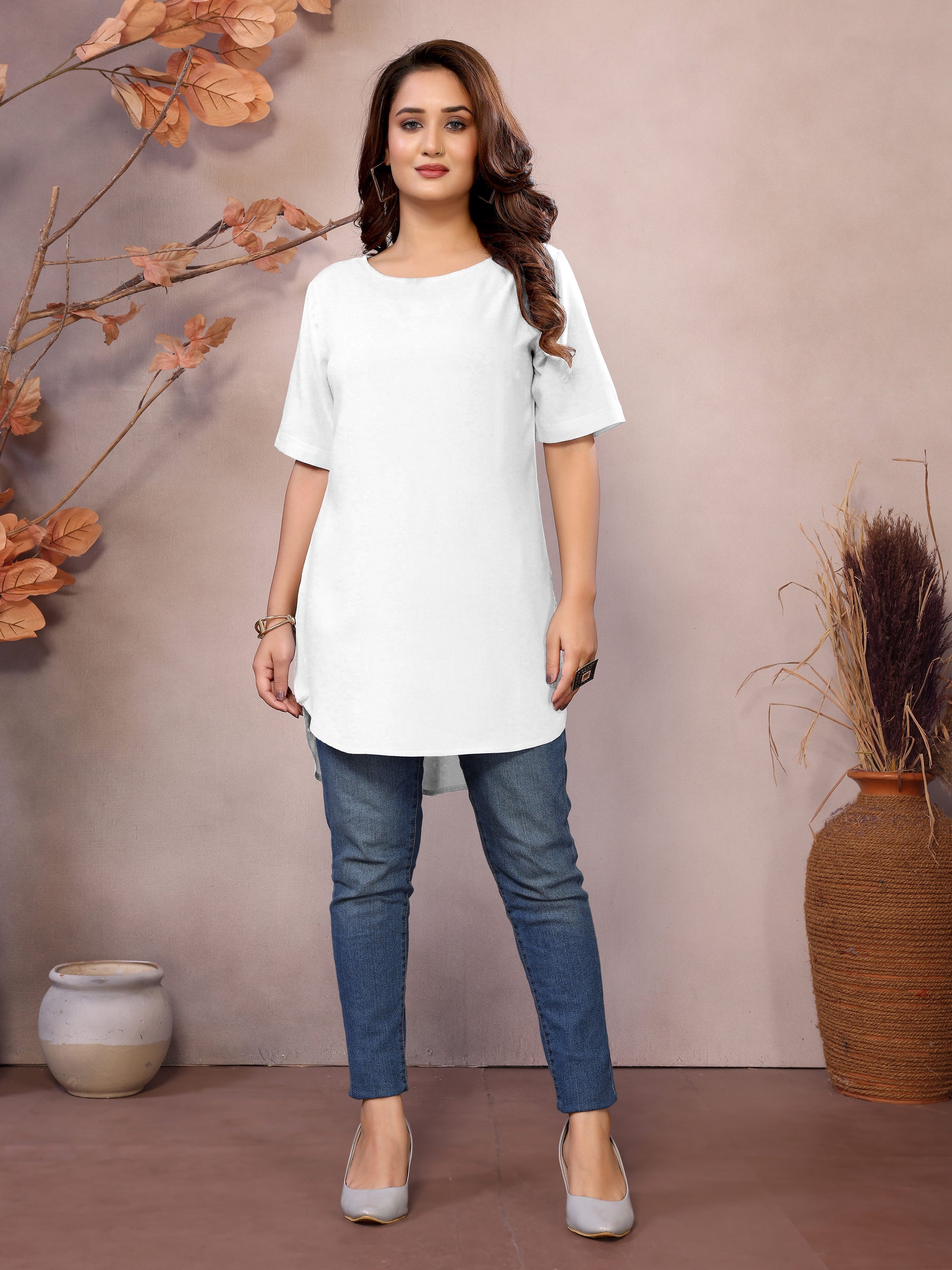 White Boat Neck Short Sleeve Kurti Top – 100% Pure Viscose