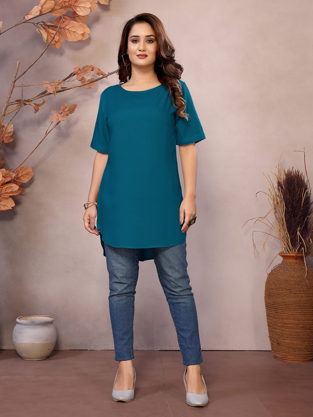 Teal Boat Neck Short Sleeve Kurti Top – 100% Pure Viscose