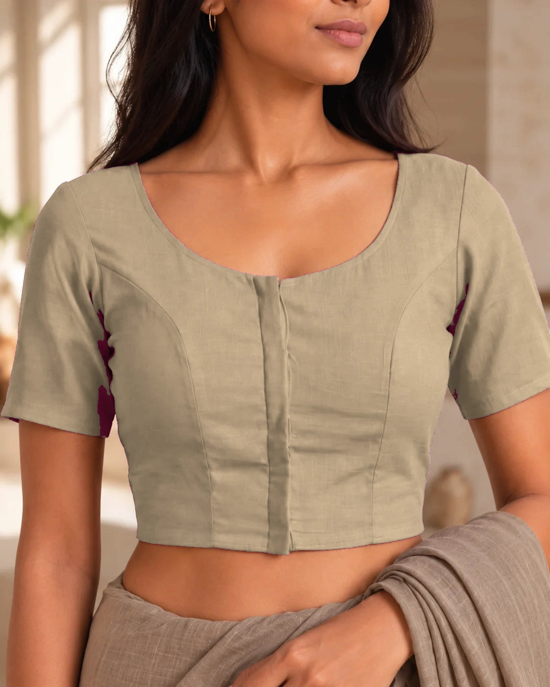 Sandy Beige Low Neck Short Sleeve blouse view 1