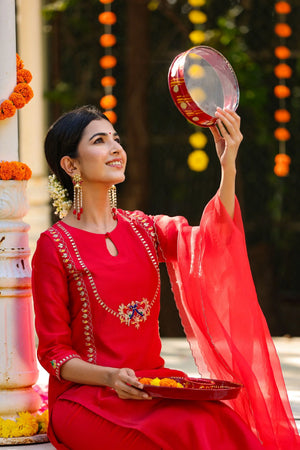 Red Roman Silk 3pc Suit Set with Embroidered Peacock Motif & Netted Dupatta