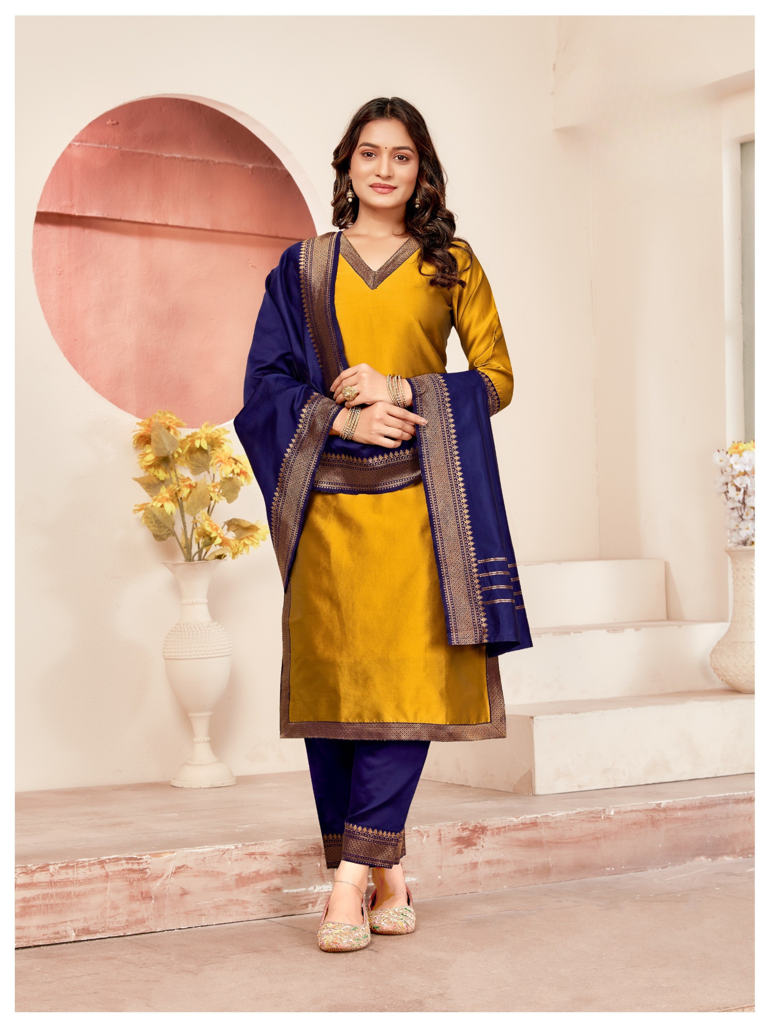 Mustard Meera Lace Border 3 Piece Silk Suit