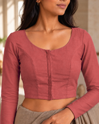 Coral Pink Low Neck Full Sleeve blouse view 1