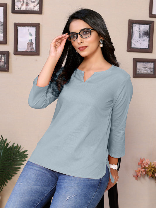 Steel Round V-Neck Short Kurti – 100% Pure Cotton