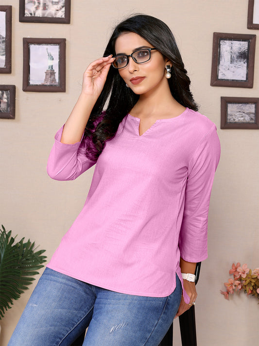 Pink Round V-Neck Short Kurti – 100% Pure Cotton