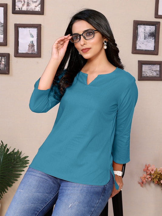 Teal Round V-Neck Short Kurti – 100% Pure Cotton
