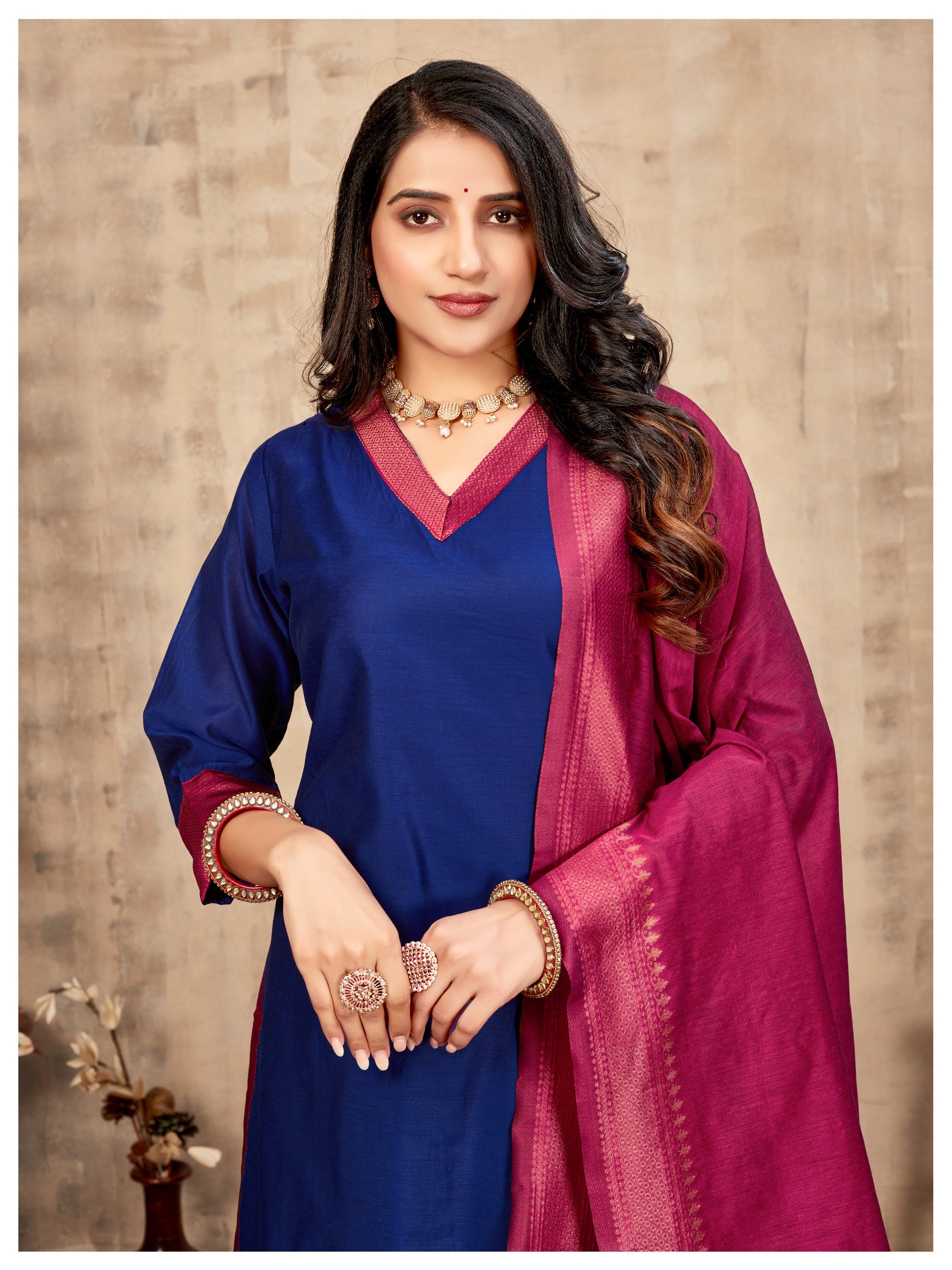 Navy & Zari border Ethnic Cotton Kurta with dupatta