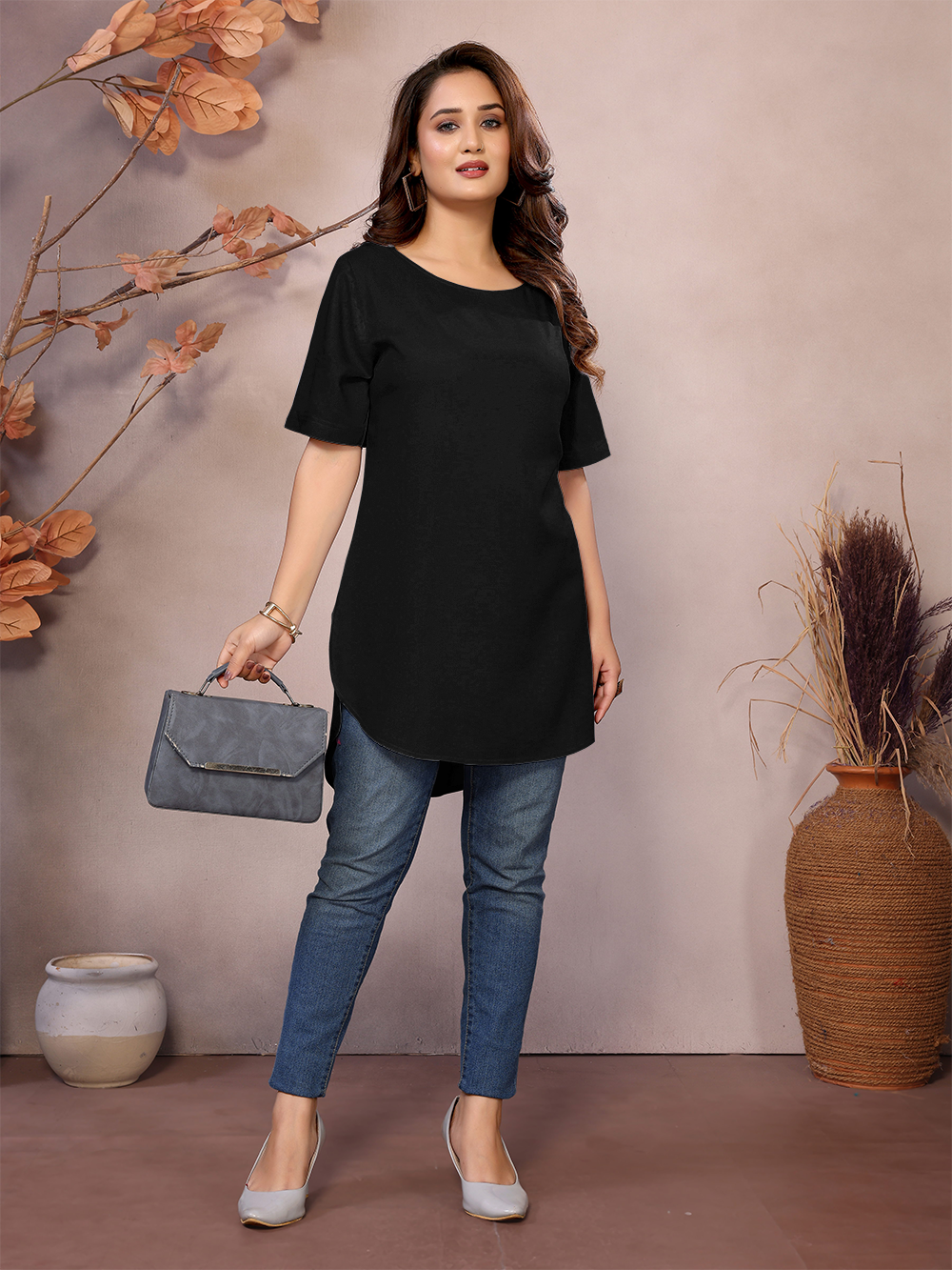 Black Boat Neck Short Sleeve Kurti Top – 100% Pure Viscose