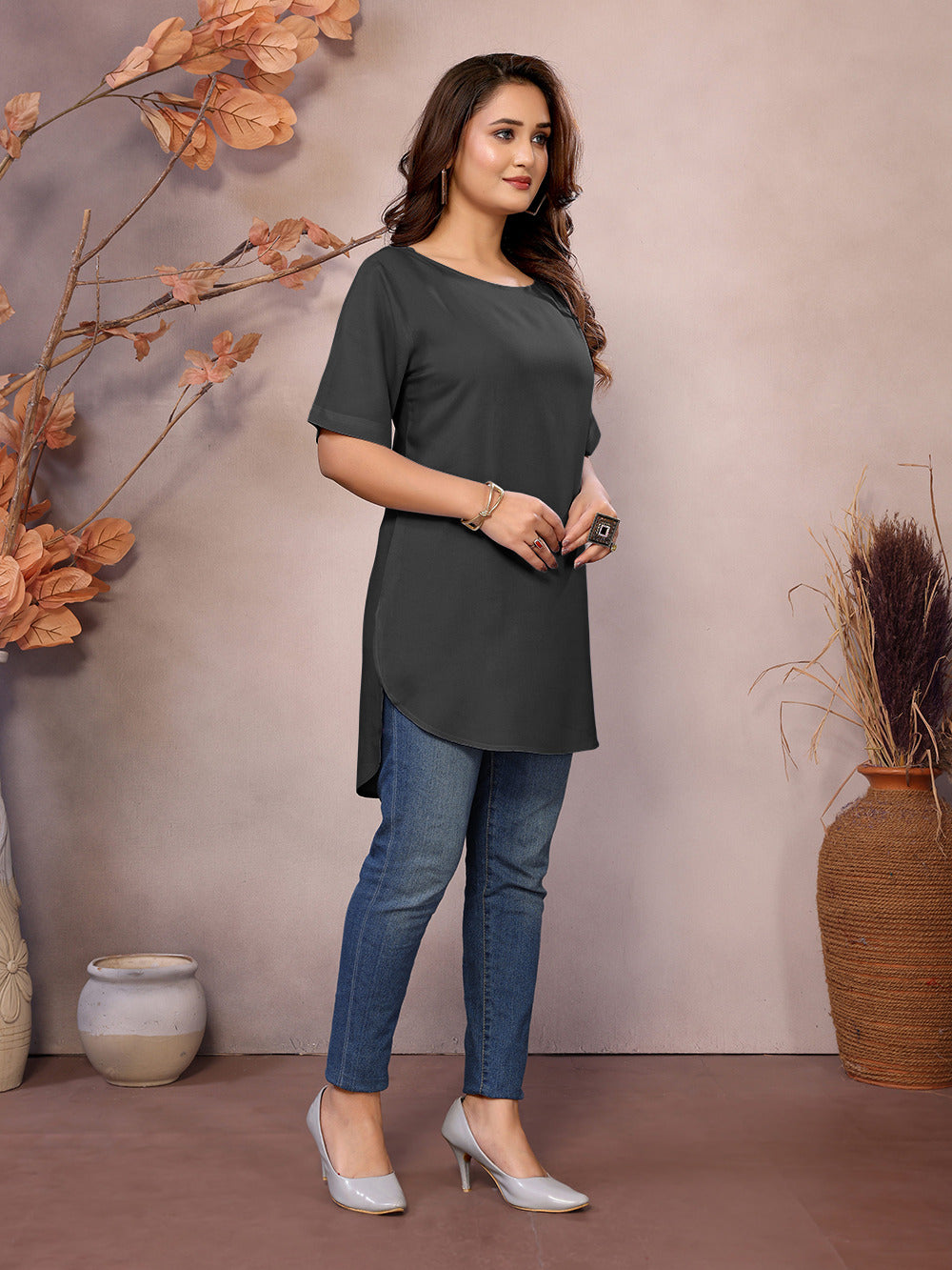 Dark Grey Boat Neck Short Sleeve Kurti Top – 100% Pure Viscose