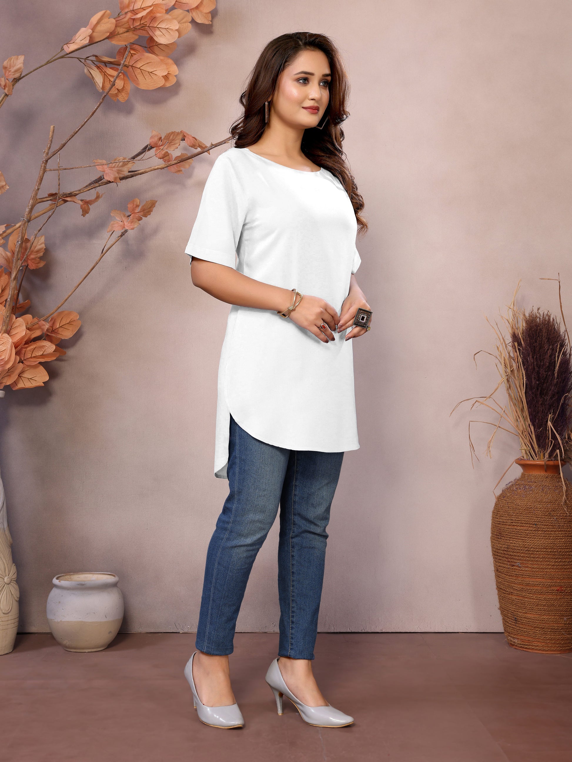 White Boat Neck Short Sleeve Kurti Top – 100% Pure Viscose