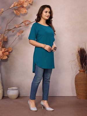 Teal Boat Neck Short Sleeve Kurti Top – 100% Pure Viscose
