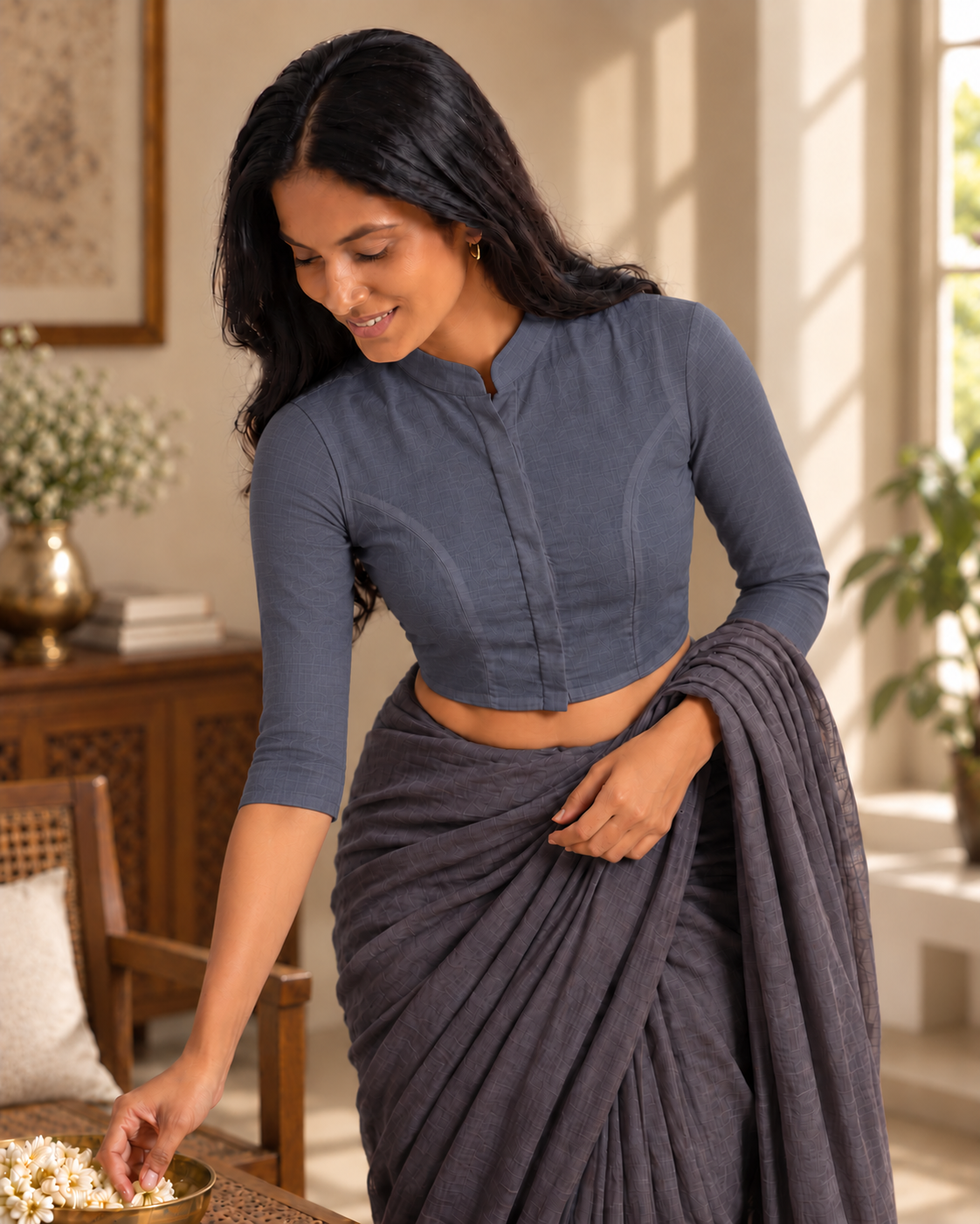 Slate Grey 3/4 Sleeve Front Open Classic Blouse - 2.png