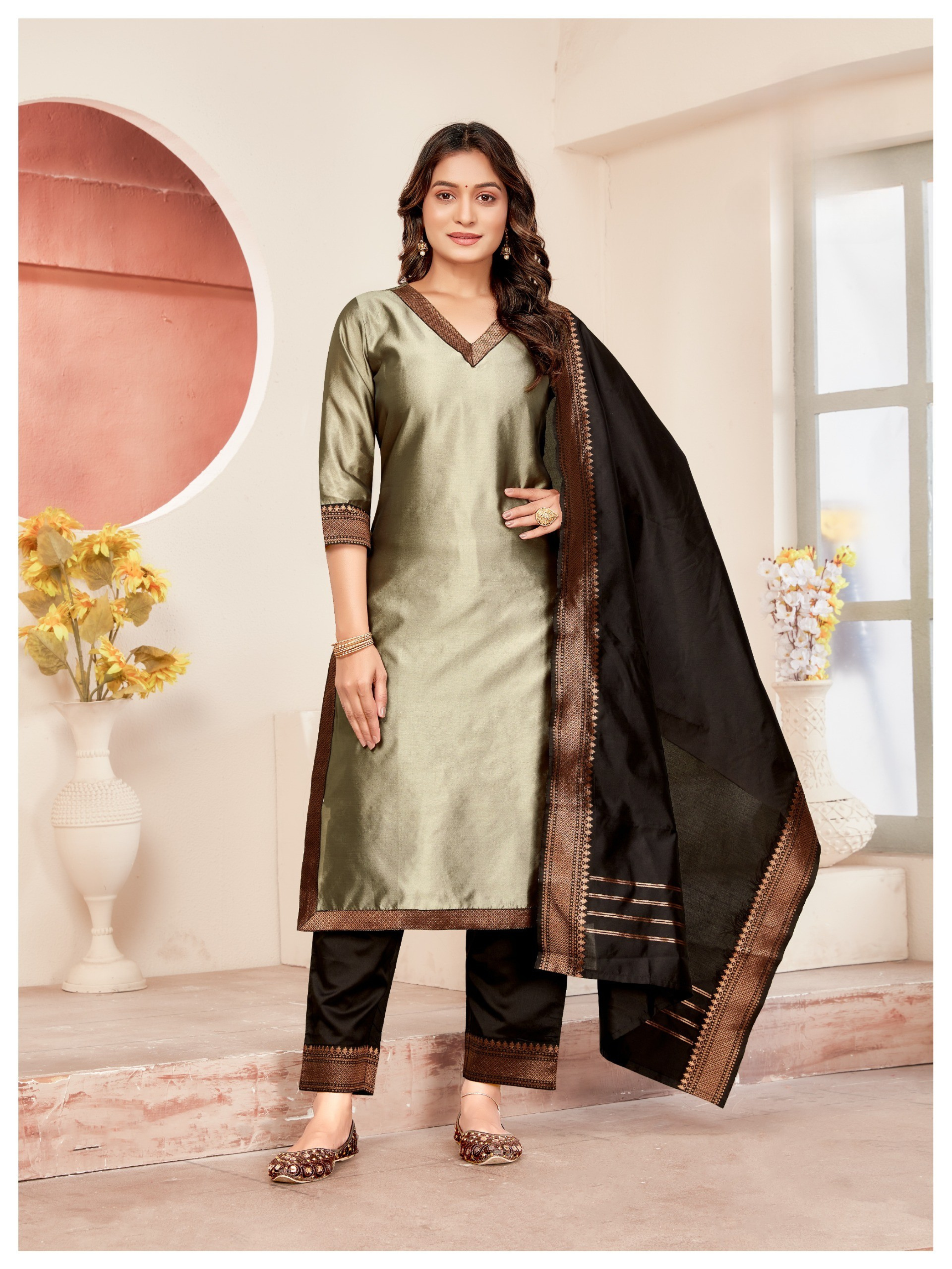 Grey Meera Lace Border 3 Piece Silk Suit