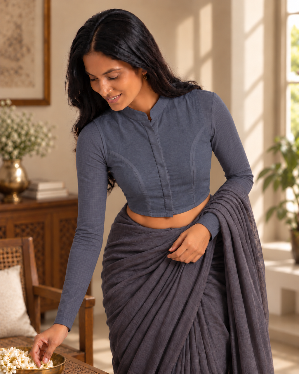 Slate Grey Full Sleeve Front Open Classic Blouse - 2.png
