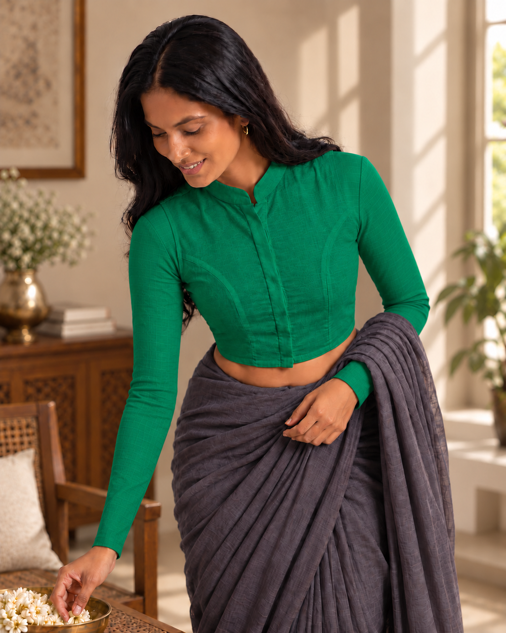 Emerald Green Full Sleeve Front Open Classic Blouse - 2.png