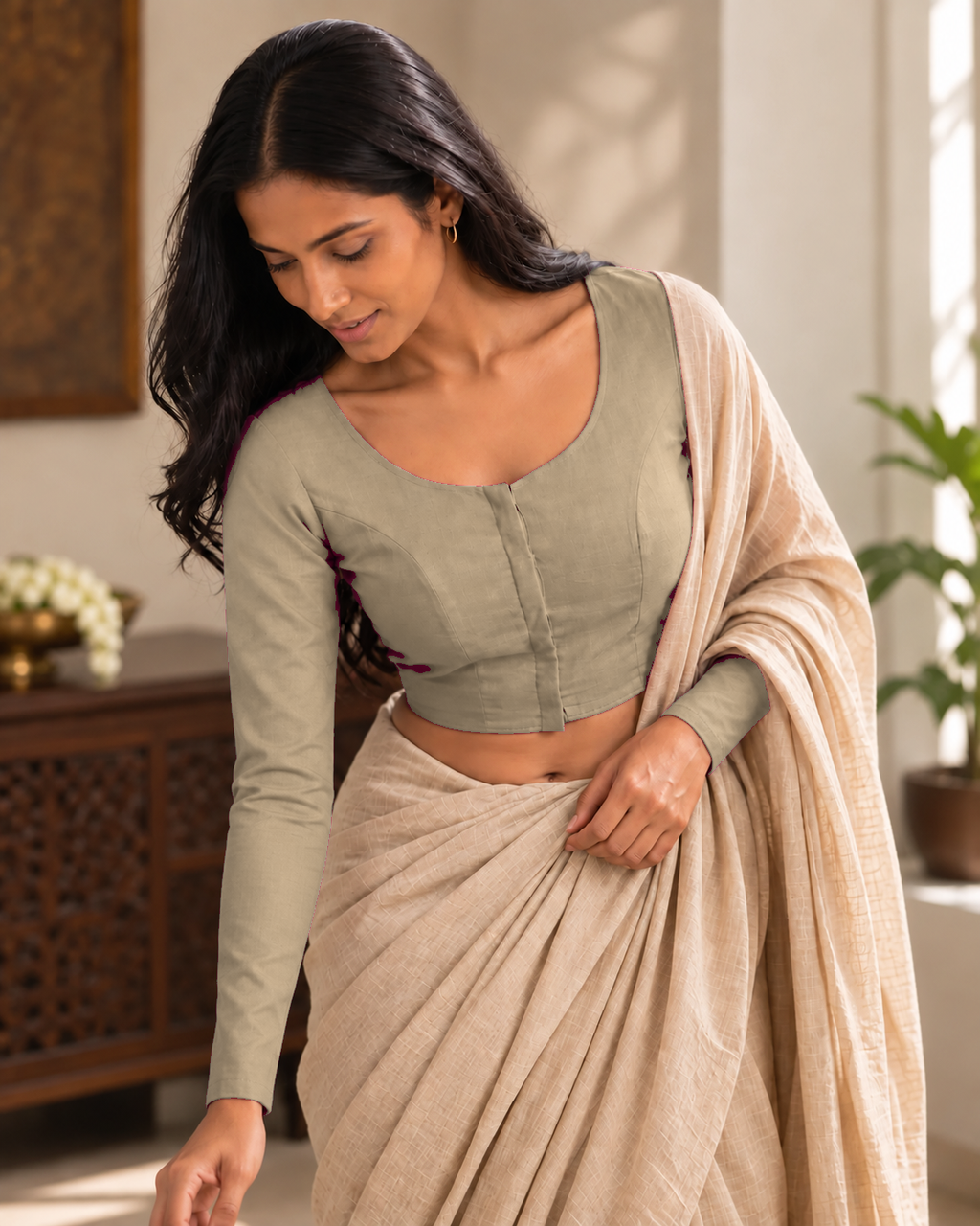 Sandy Beige Low Neck Full Sleeve blouse view 2