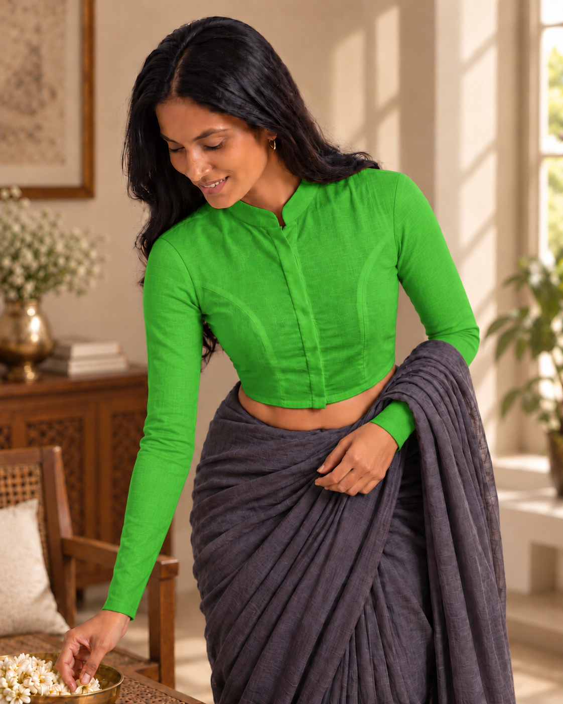 Meadow Green Full Sleeve Front Open Classic Blouse - 2.png