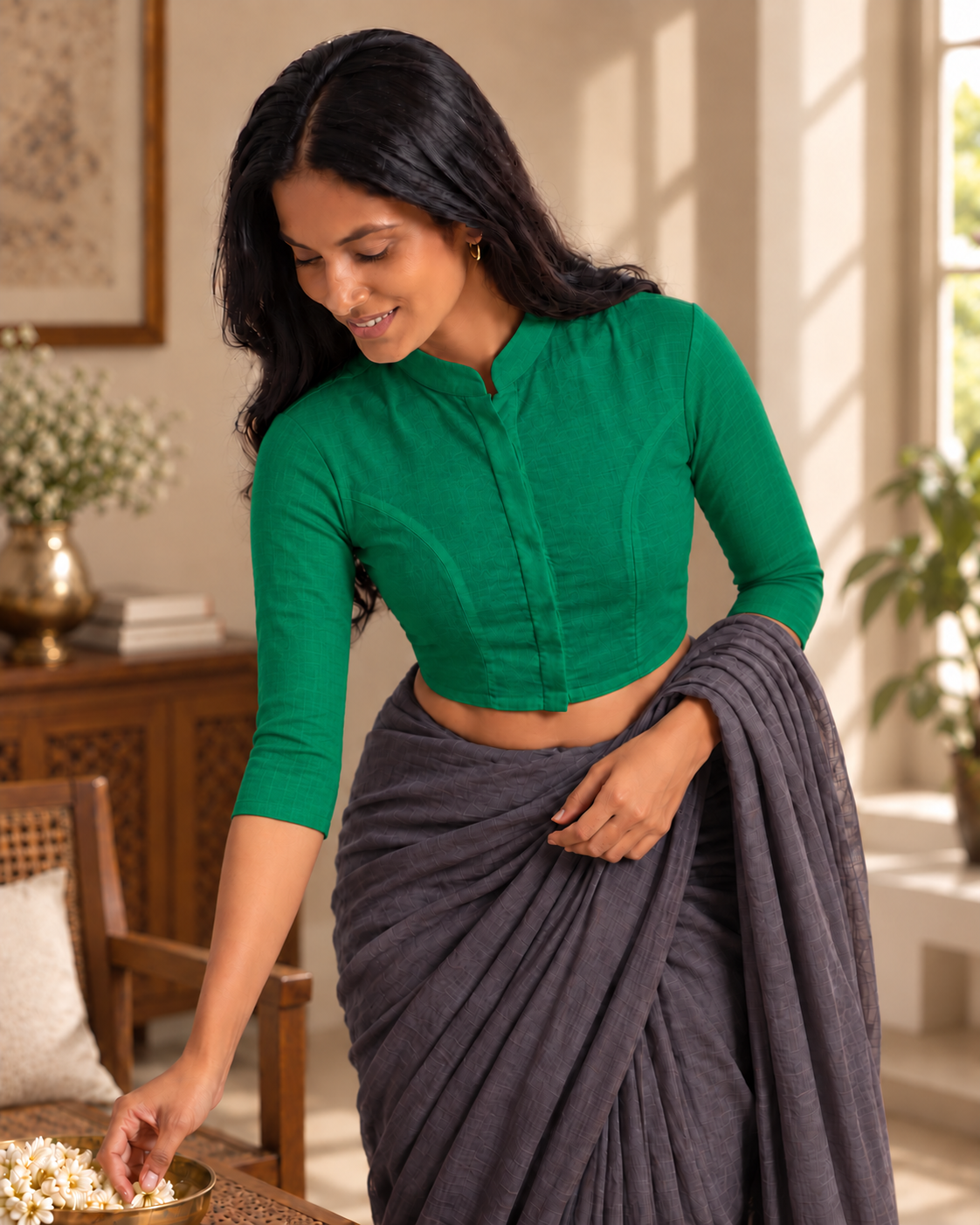 Emerald Green 3/4 Sleeve Front Open Classic Blouse - 2.png