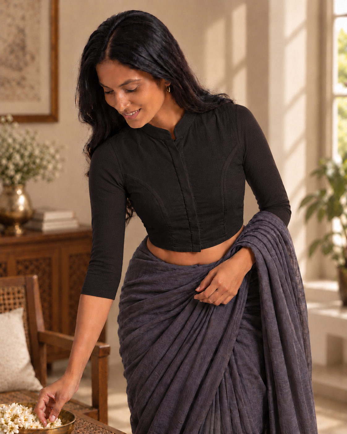 Classic Black 3/4 Sleeve Front Open Classic Blouse - 2.png