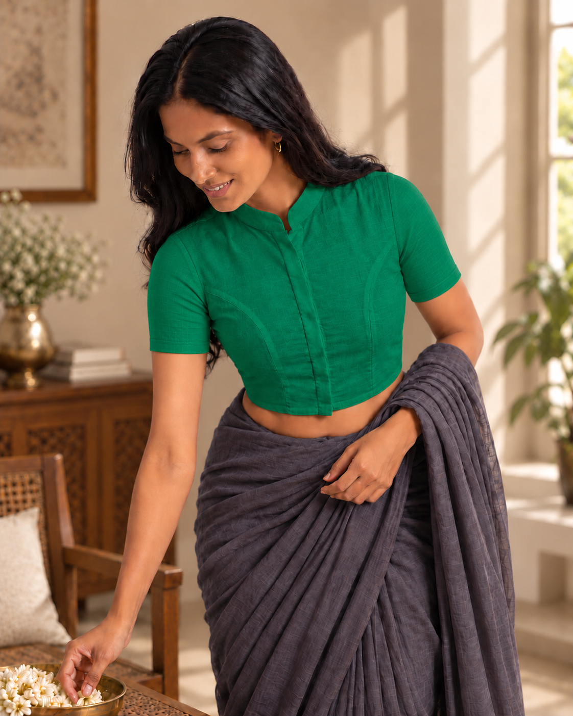 Emerald Green Short Sleeve Front Open Classic Blouse - 2.png