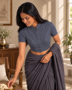 Slate Grey Short Sleeve Front Open Classic Blouse - 2.png
