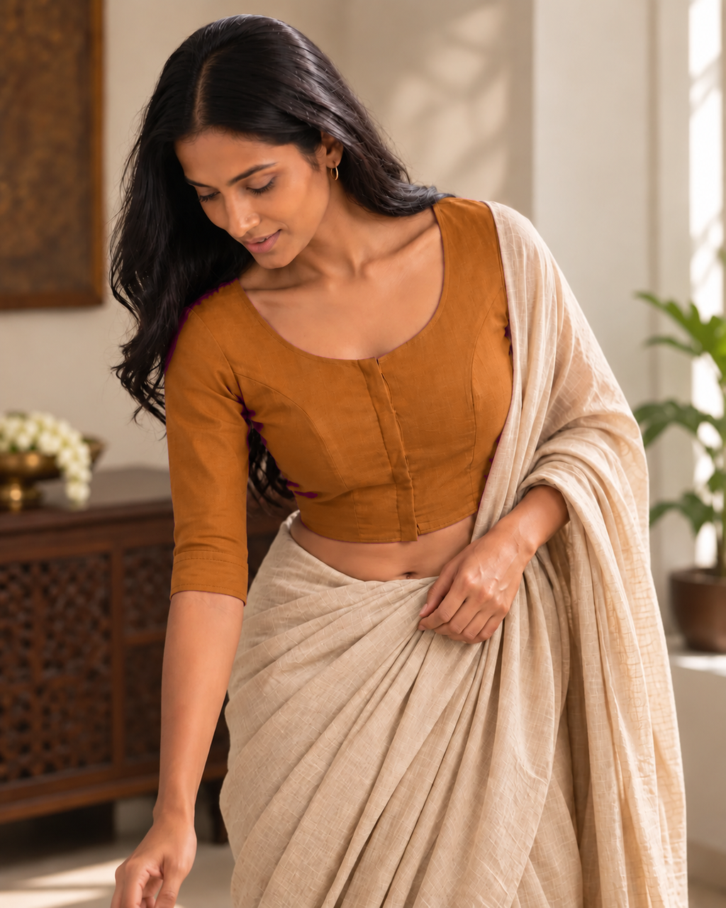 Burnt Orange Low Neck 3/4 Sleeve blouse view 2