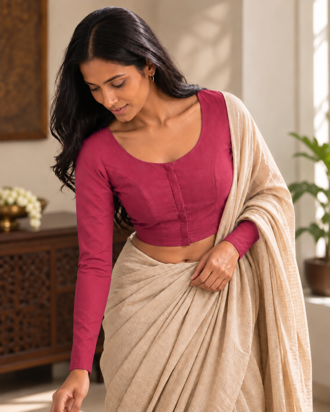 Hot Pink Low Neck Full Sleeve blouse view 2