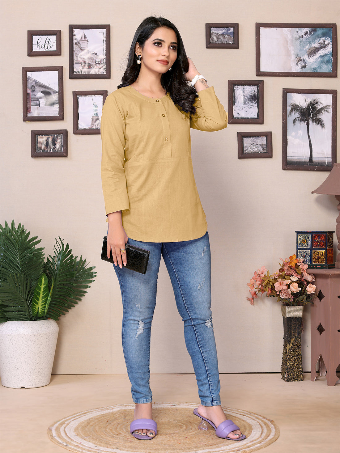 Biege Yoke design Short Kurti – 100% Pure Cotton