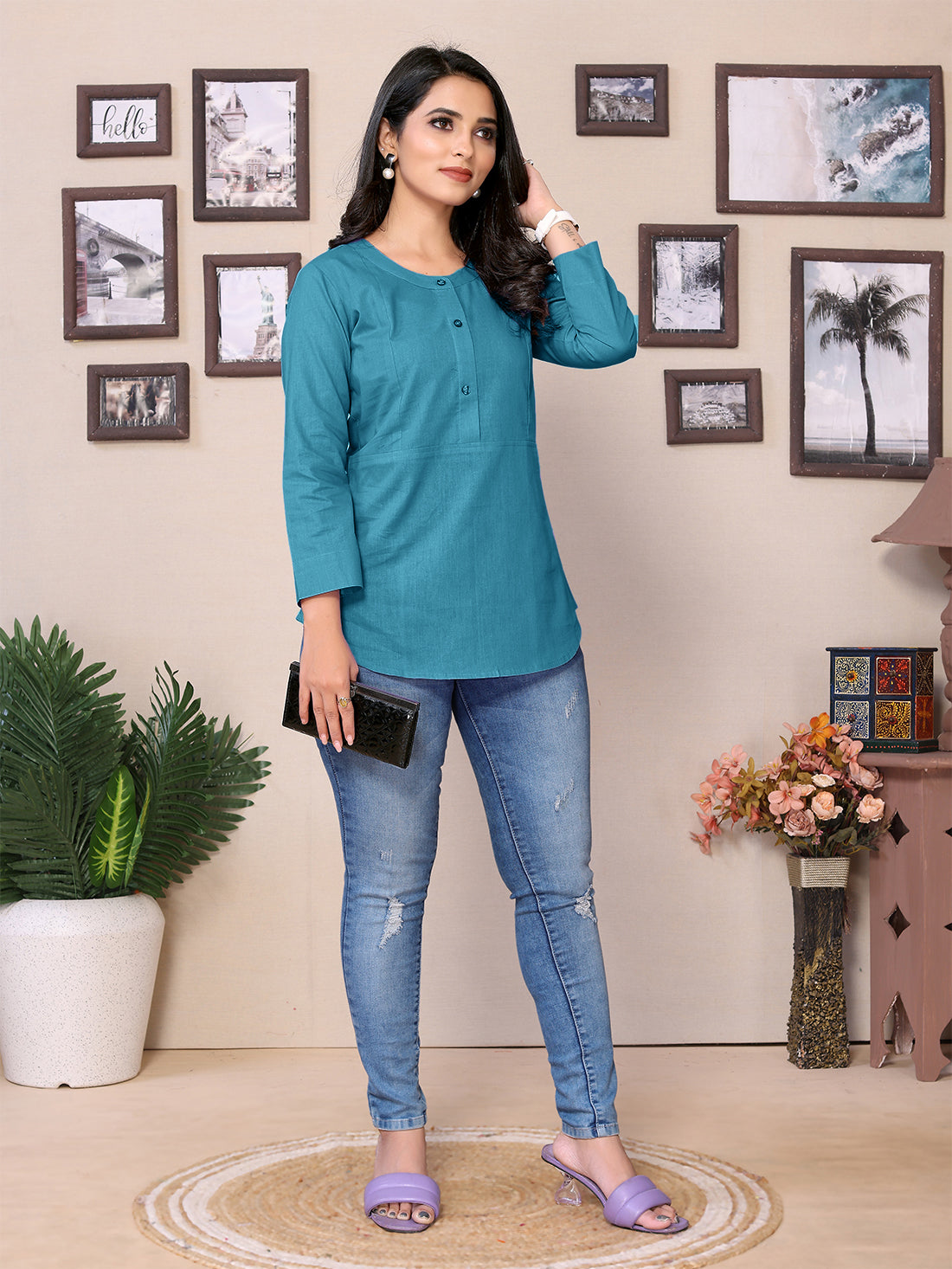 Teal Yoke design Short Kurti – 100% Pure Cotton