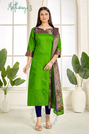 Green Ethnic Cotton Kurta with dupatta