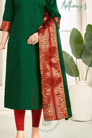 Dark Green Ethnic Cotton Kurta with dupatta