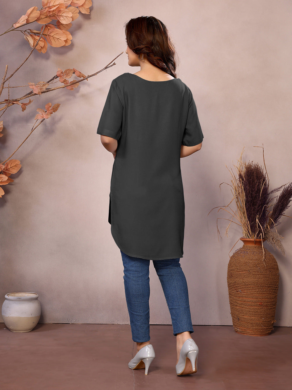 Dark Grey Boat Neck Short Sleeve Kurti Top – 100% Pure Viscose