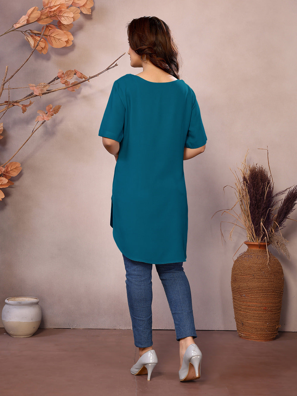 Teal Boat Neck Short Sleeve Kurti Top – 100% Pure Viscose