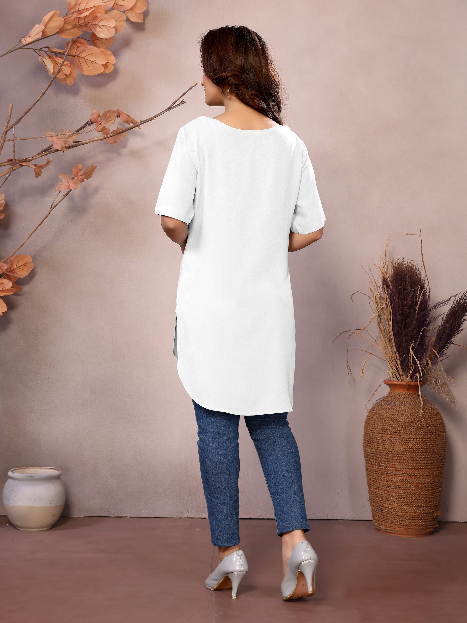 White Boat Neck Short Sleeve Kurti Top – 100% Pure Viscose