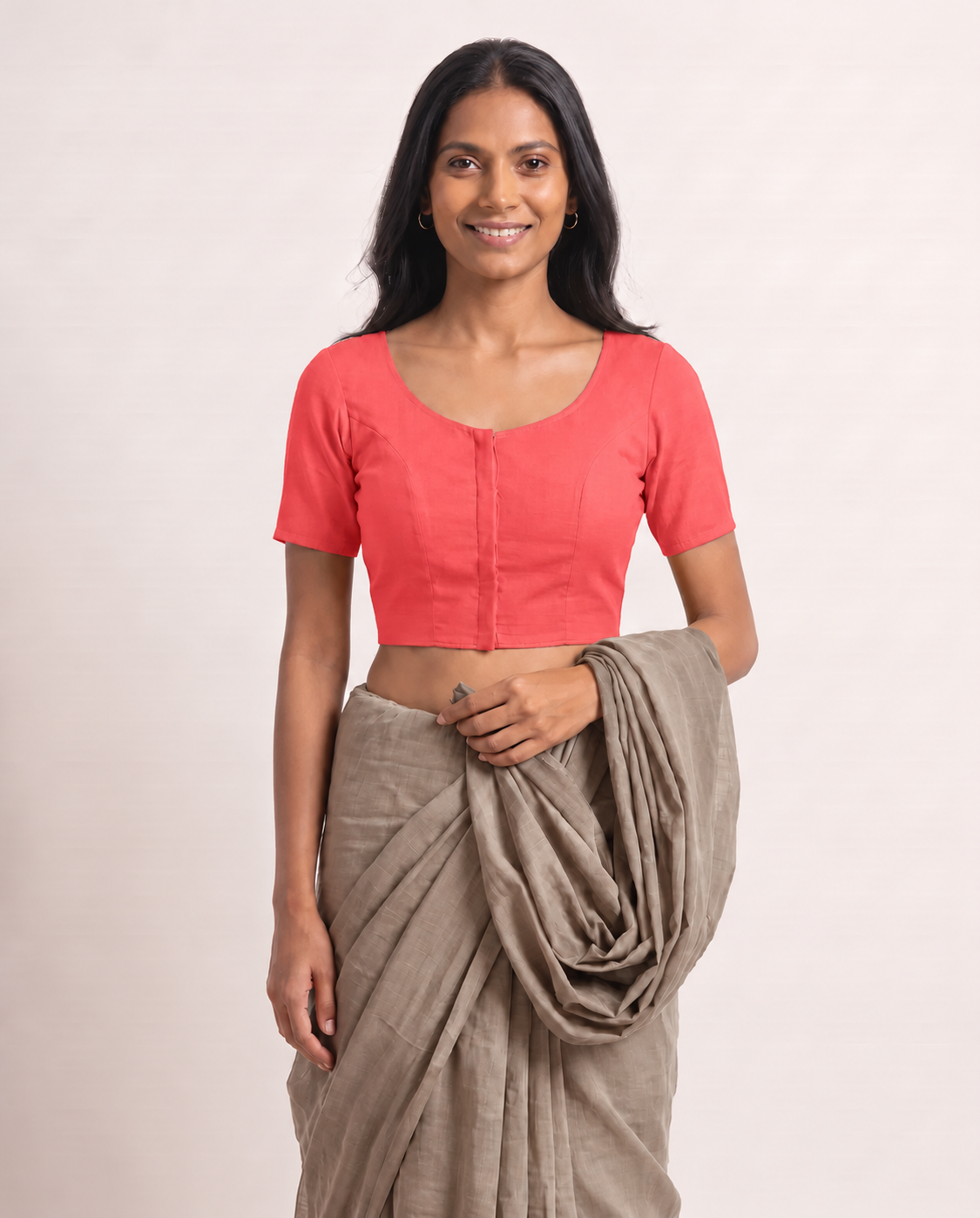 Coral Pink low-neck blouse, view 3