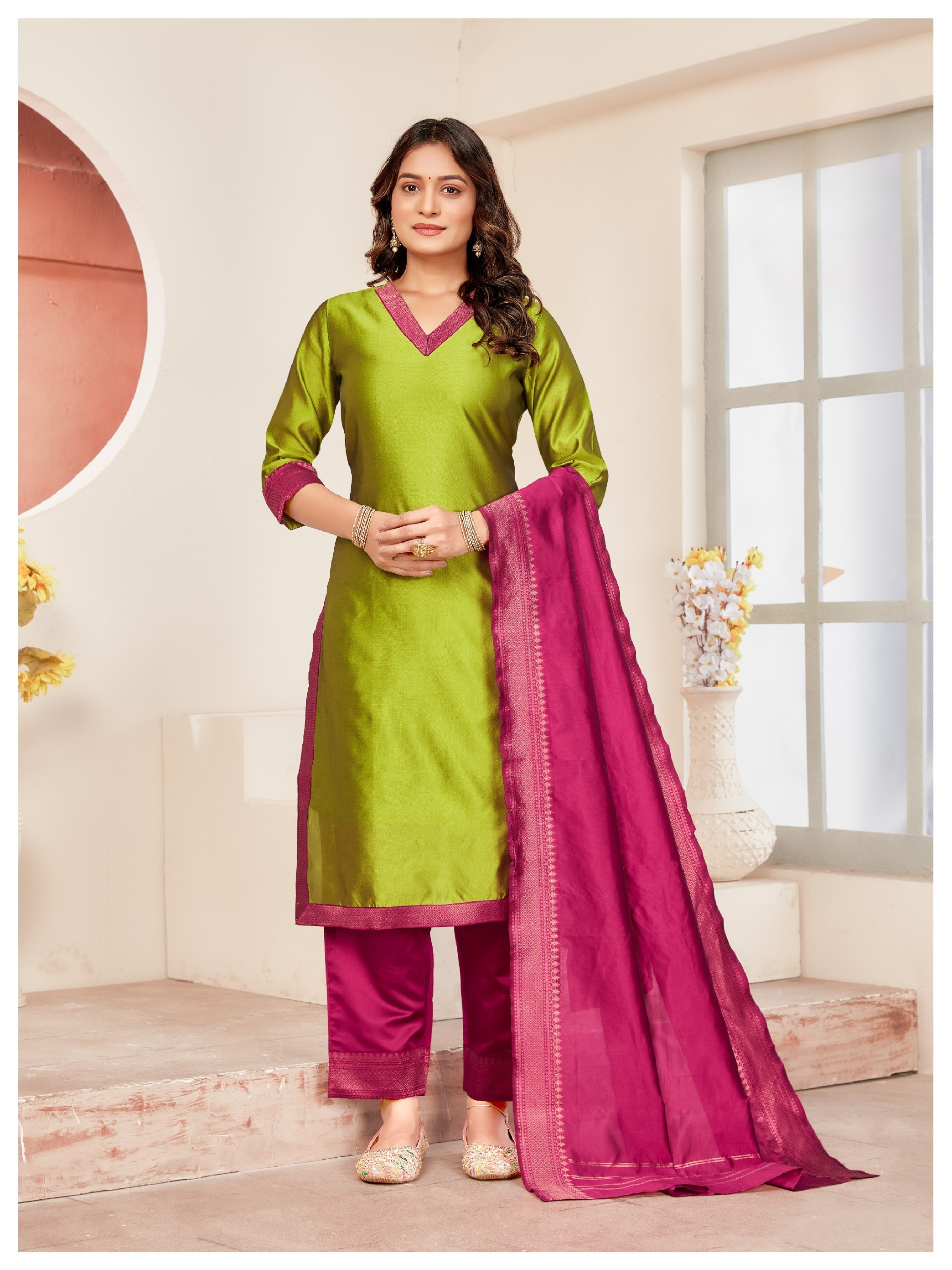 Green Meera Lace Border 3 Piece Silk Suit