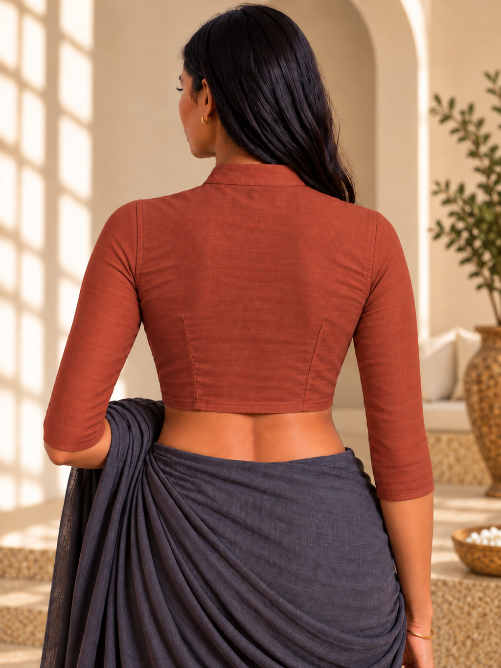 Terracotta 3/4 Sleeve Front Open Classic Blouse - 3.png