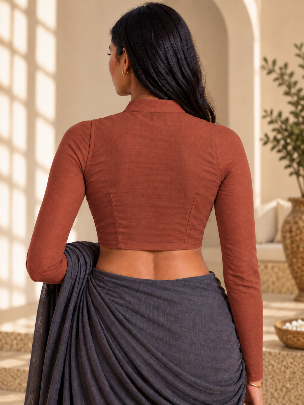 Terracotta Full Sleeve Front Open Classic Blouse - 3.png
