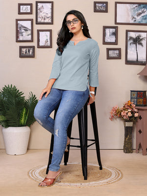 Steel Round V-Neck Short Kurti – 100% Pure Cotton