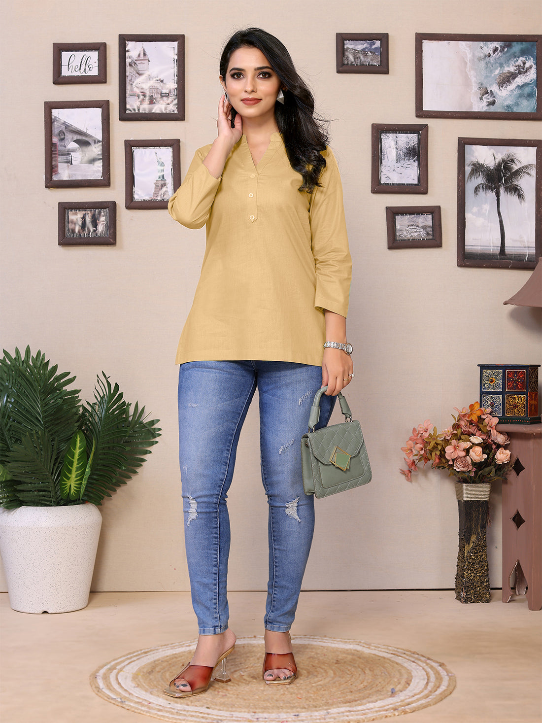 Biege V-Cut Short Kurti - 100% Pure Cotton