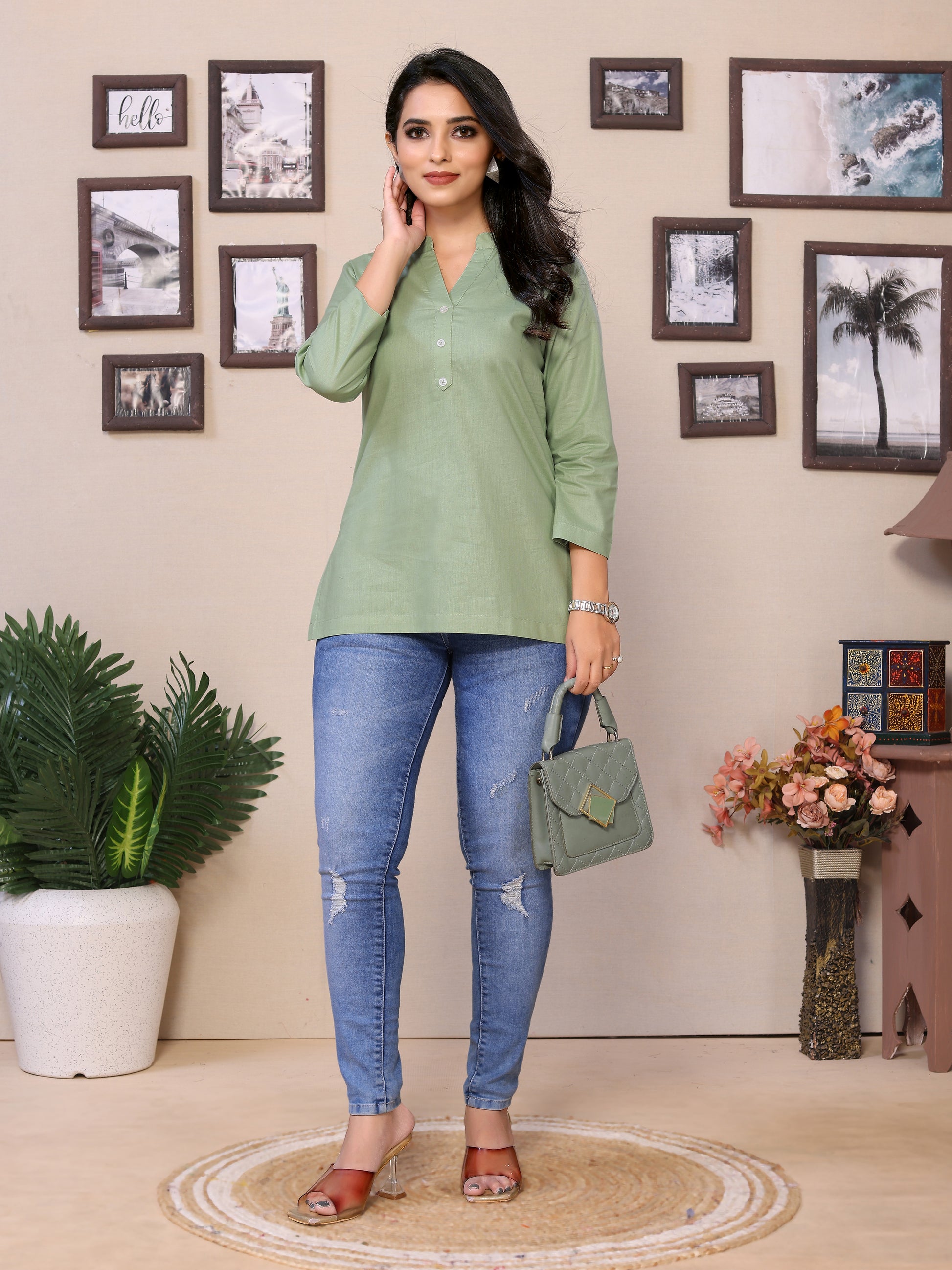 Pista V-Cut Short Kurti - 100% Pure Cotton