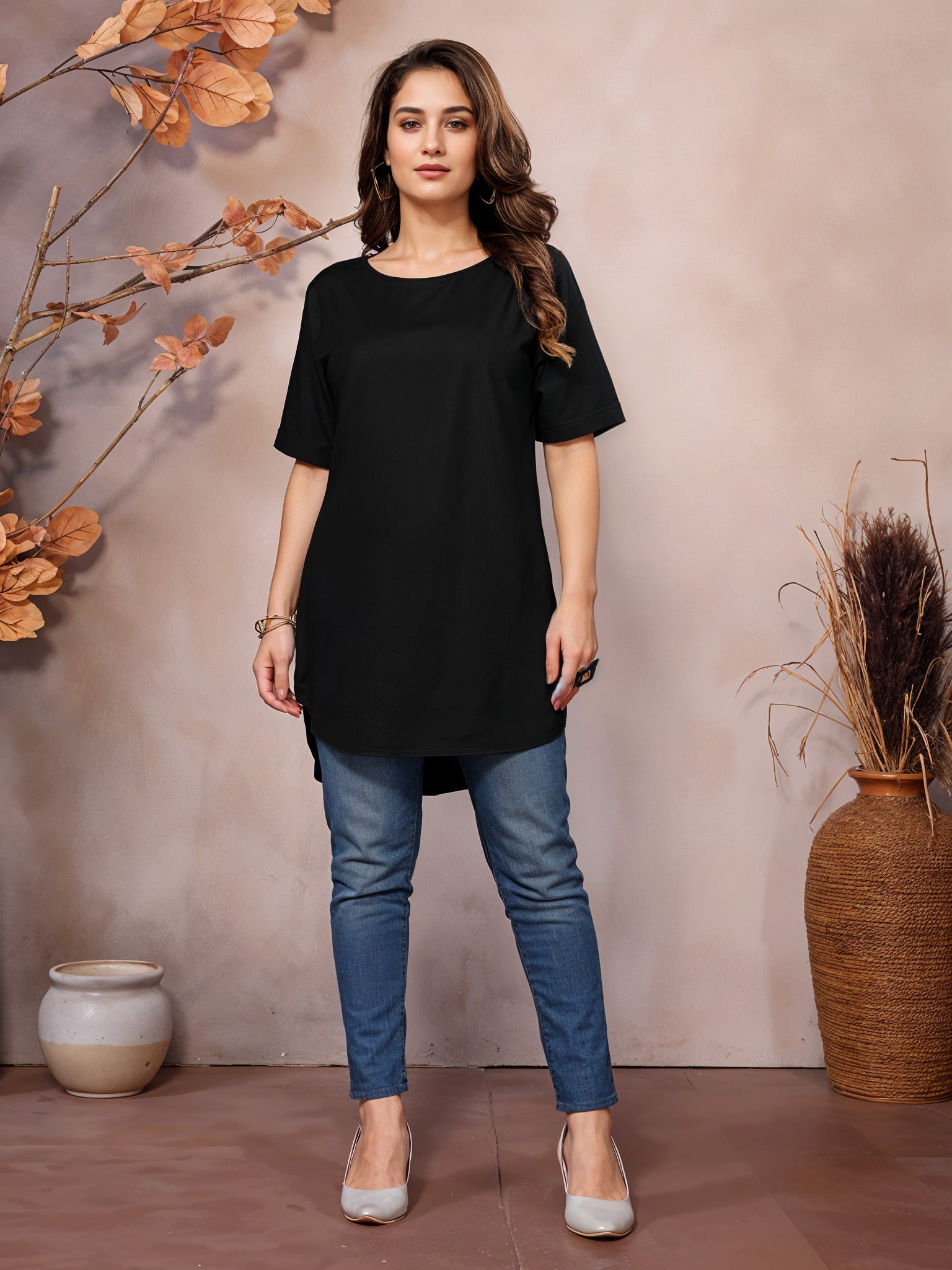 Black Boat Neck Short Sleeve Kurti Top – 100% Pure Viscose
