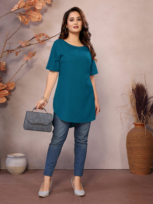 Teal Boat Neck Short Sleeve Kurti Top – 100% Pure Viscose