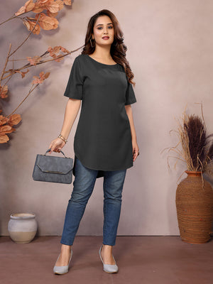 Dark Grey Boat Neck Short Sleeve Kurti Top – 100% Pure Viscose