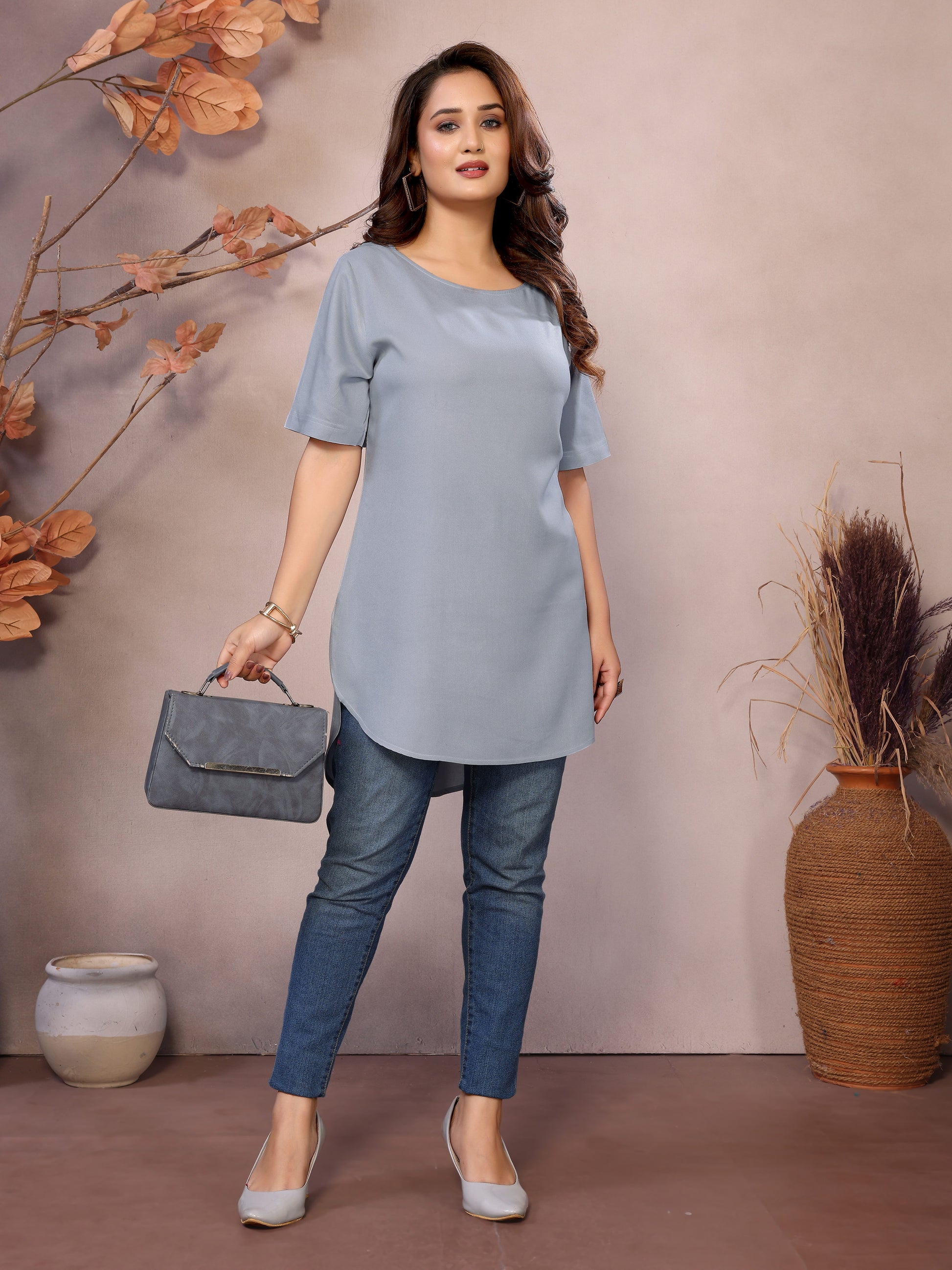 Steel Boat Neck Short Sleeve Kurti Top – 100% Pure Viscose