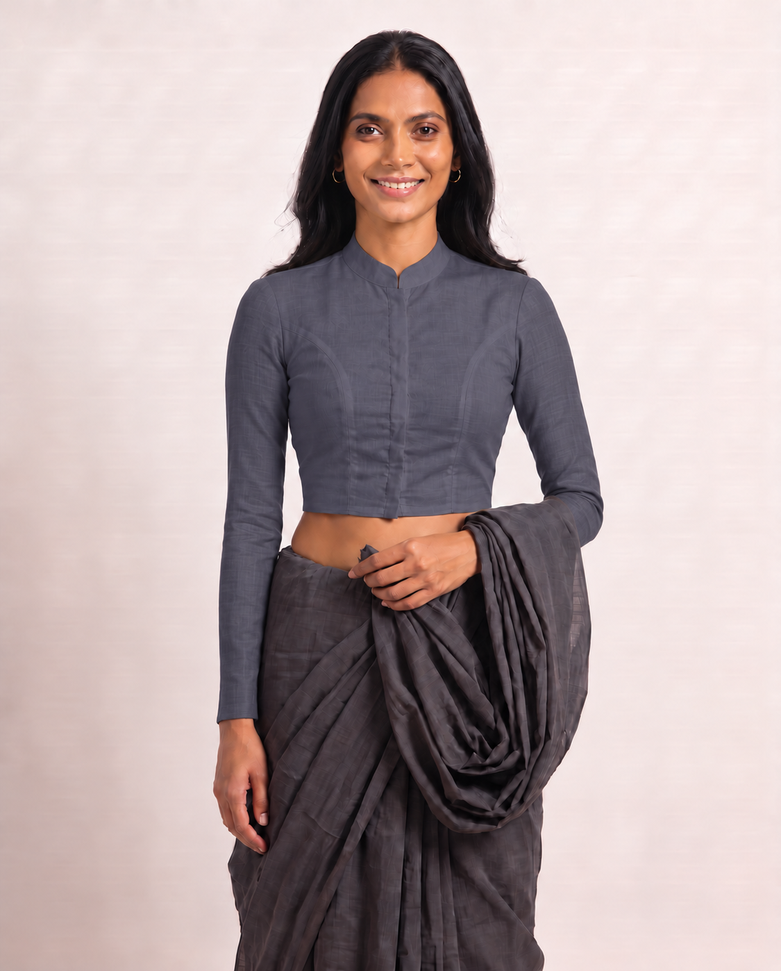 Slate Grey Full Sleeve Front Open Classic Blouse - 4.png
