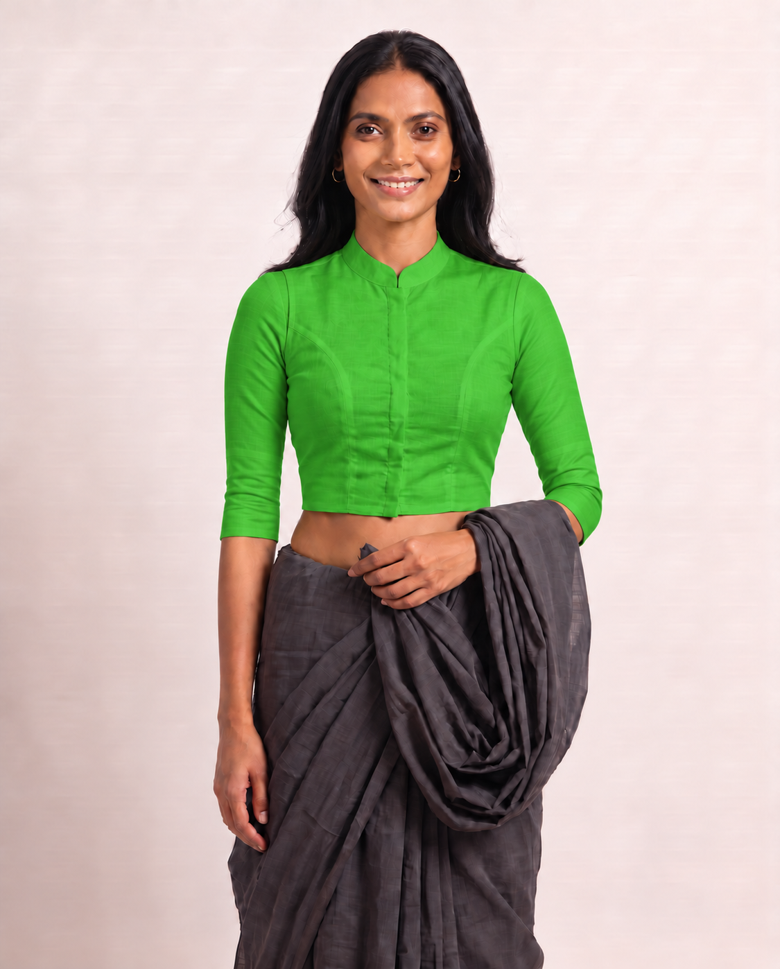 Meadow Green 3/4 Sleeve Front Open Classic Blouse - 4.png