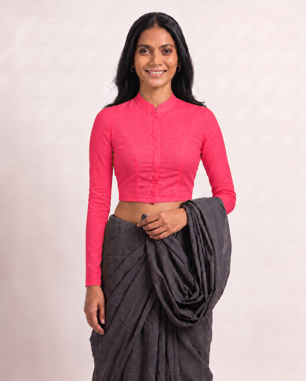 Hot Pink High Neck Full Sleeve blouse view 4
